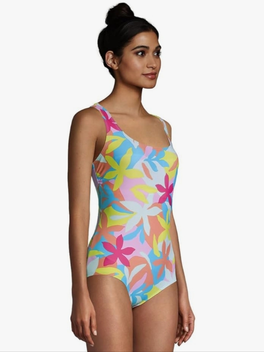 Lands' End Floral One-Piece Swimsuit in Pink, Yellow, Blue